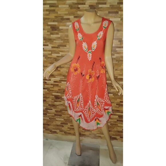 Scalloped Hem Boho Fairy Floral Print Vibrant Orange Midi Dress By CW Classics L